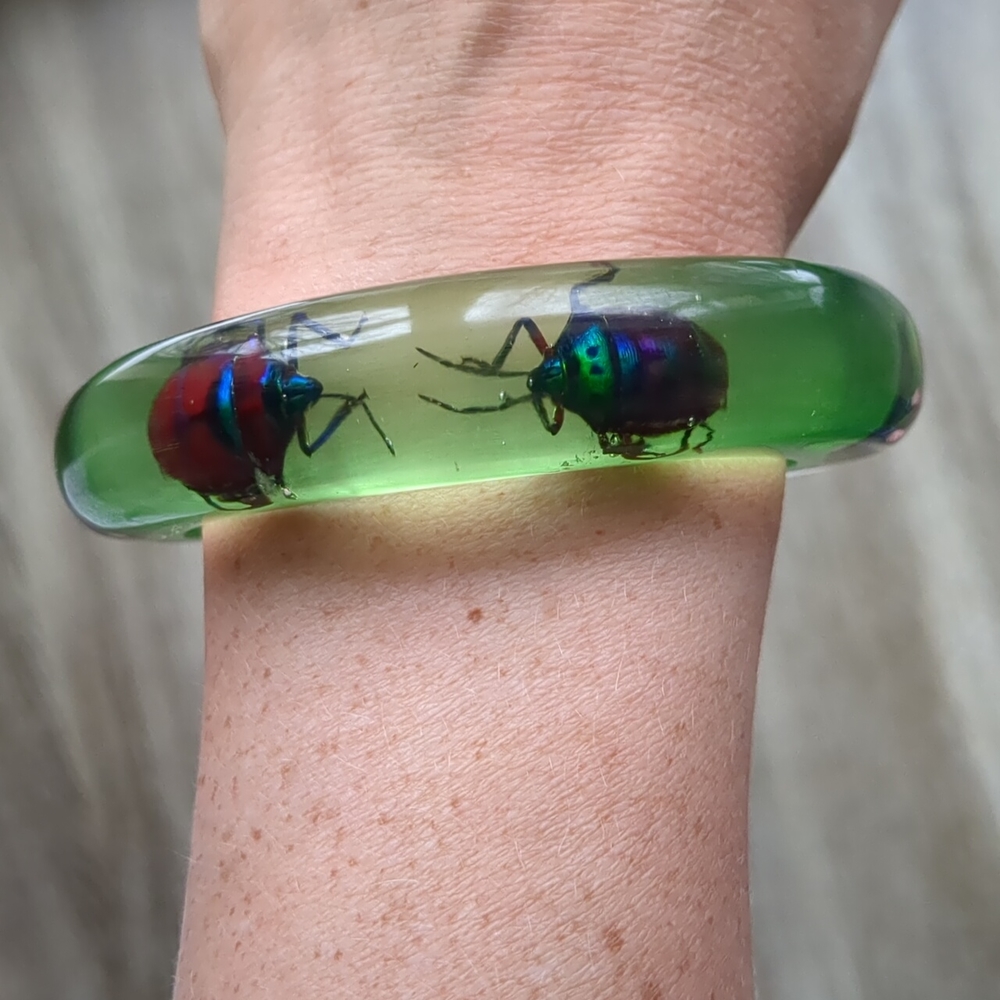 Green Resin Bangle Bracelet with Iridescent Beetles